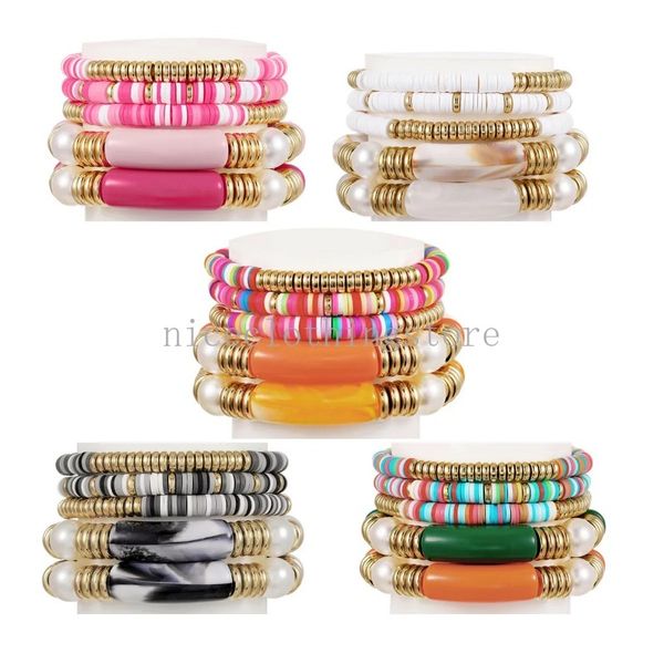 Lot de 5 bracelets à breloques dorés en argile douce - Perles acryliques colorées - Surfeur ethnique Heishi - Brins de perles extensibles empilables - Bohème - Plage d'été - Bijoux d'amitié - Cadeau