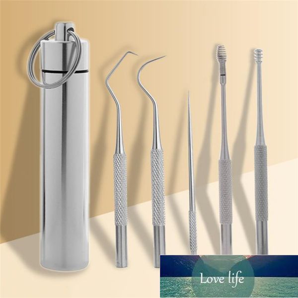 Cure-dents Portable en acier inoxydable, soins buccaux + ensemble d'outils porte-cure-dents 5 pièces