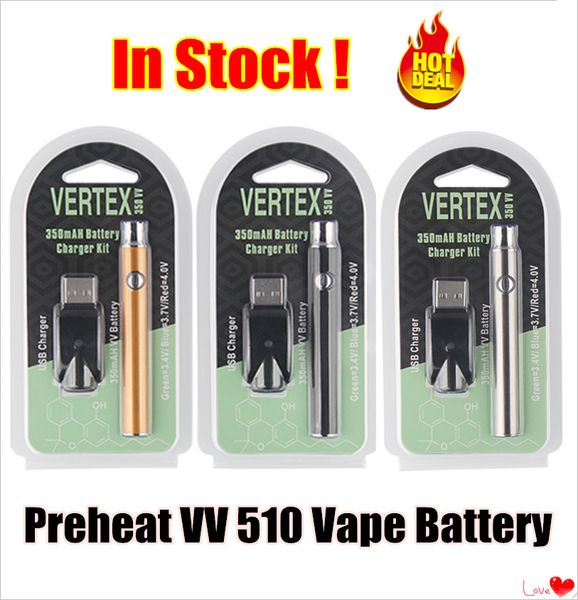 MOQ 5PCS Vertex 350 mAh 510 Thread VV Cartouche de préchauffage Batterie Préchauffer Blister Pack Kit Manuel Evod HGB Stylo vape à tension variable