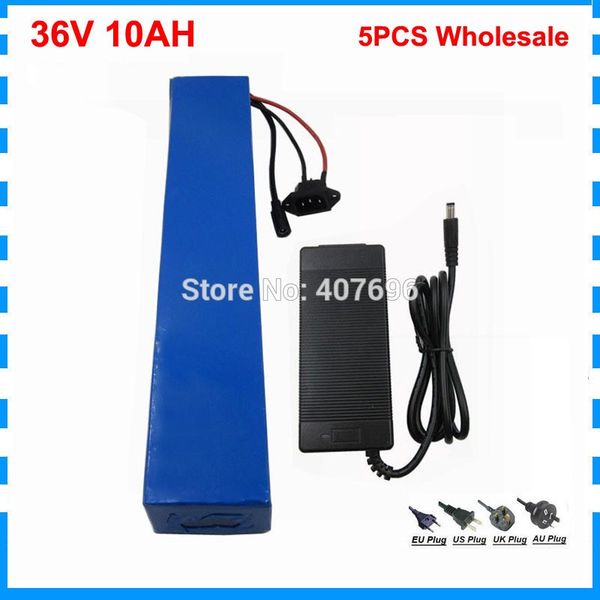 5 pièces en gros 500W 36Volt batterie de vélo électrique 36v 10Ah Lithium ion ebike batterie avec 15A BMS + 42V 2A chargeur