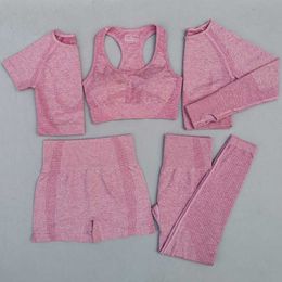 Ensemble de Yoga sans couture pour femmes, 5 pièces, vêtements de Sport, d'entraînement, de gymnastique, manches courtes/longues, haut court, Leggings taille haute, combinaison de Sport