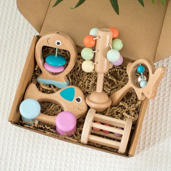 5 piezas de instrumentos musicales de madera juguetes coloridos campana de cabecera de bebé campanillas de dibujos animados niños educación preescolar caja de juguetes embalaje 240112