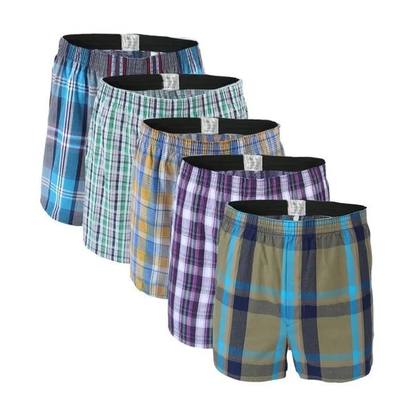 5Pcslot Boxer Hommes Mince Sous-Vêtement D'été Coton Homme Grande Taille Court Respirant Plaid Flexible Shorts Boxer Mâle Slip 240328