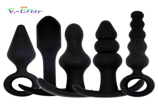 5 pcslot Sexy noir Silicone Plug Anal Massage adulte jouets sexuels pour femmes homme Gay Anus Clitoris stimulateur produits sexuels 9663289
