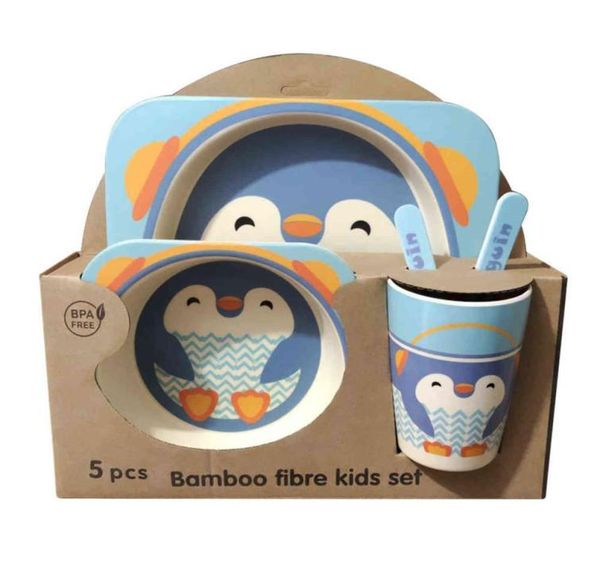 5pcSset Bamboo Fibre bébé dessin animé alimentaire table vaisse