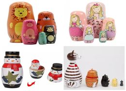 5pcsset pintura hecha a mano artesanía de nieve santa claus pintura animal de madera muñeca matryoshka juguete ruso decoración del hogar chris6344453