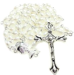 5pcSset Mini blanc 64 mm en verre ovale perle du rosier catholique rosario mignon collier perle collier calice central9227664