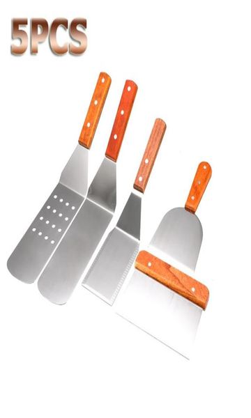 5pcsset Spatule en acier inoxydable avec manche en bois Grill Grilly Salade Brotage BBQ BBQ Ustensiles de cuisson Ustensiles de cuisine T27749594