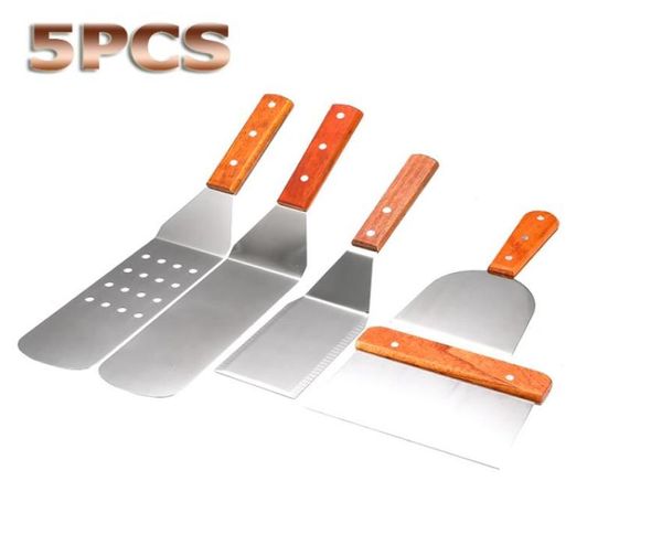 5pcsset Spatule en acier inoxydable avec manche en bois Grill Grilly Salade Brackage BBQ BBQ Ustensiles de cuisson Ustensiles de cuisine T25461923