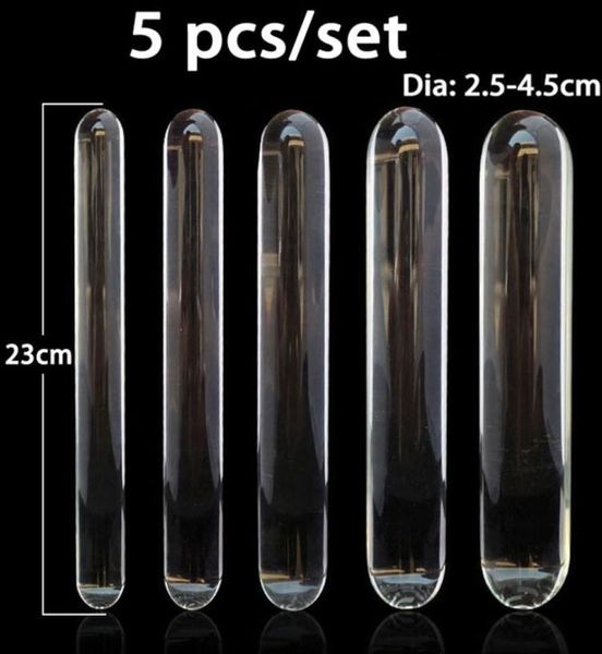 5pcsset consolador de vidrio transparente tapón anal grande ano dilatador vaginal masturbador pene consoladores juguetes sexuales para mujer consolador doble Y20042416009