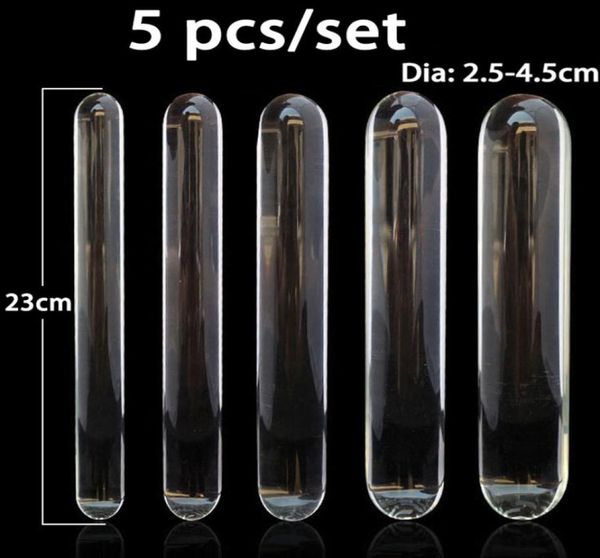 5pcsset consolador de vidrio transparente tapón anal grande ano dilatador vaginal masturbador pene consoladores juguetes sexuales para mujer consolador doble Y20049216473