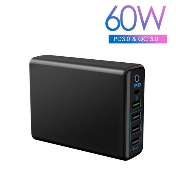 Chargeur mural USB 5Port Multiport 60W Max 9A avec PD QC30 Port 18W Station de charge intelligente pour tablettes de téléphone mobile iPad3389549