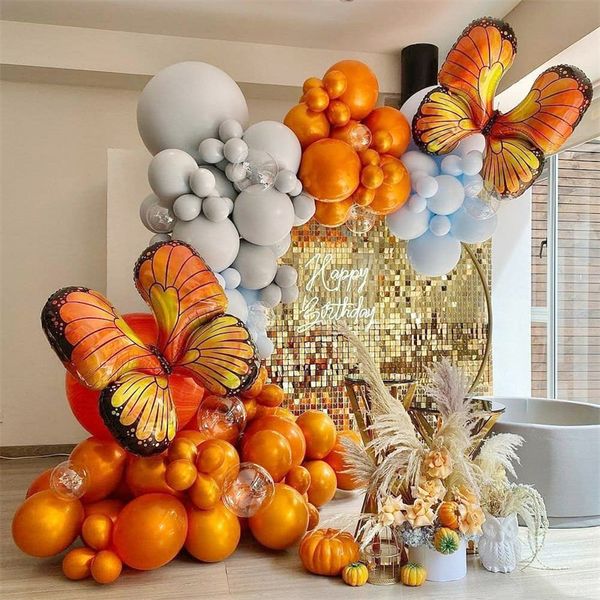 5 juegos de globos de látex de mariposa, Kit de arco de guirnalda, bosque de verano naranja, decoración salvaje para el hogar, decoraciones de fondo, fiesta de cumpleaños para niños