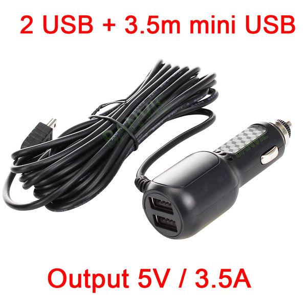 5V 3.5A Dual Mini puertos USB Cámara de salpicadero Adaptador de cigarrillos para automóvil Cargador de encendedor para carga de vehículos DVR con línea de cable de 3.5 metros