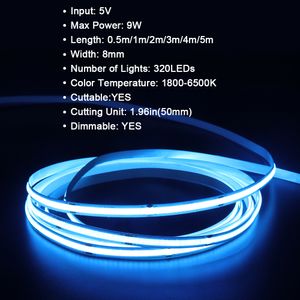 5V COB LED LED LIGHT BATTERIE USB puissance haute densité Éclairage linéaire 320 LETS / M RAQUE FLEXOBLE CHAUD NATUL NATUR