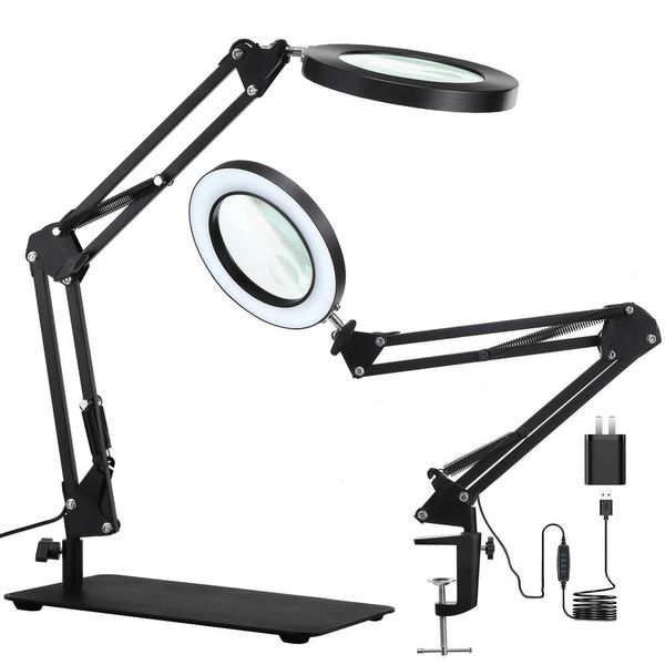 5X avec support de lumière, KIRKAS 2 en 1 à intensité variable et 3 modes de couleur, lampe de bureau grossissante LED, lentille en verre à très fort grossissement 10X pour plus de précision