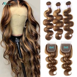 5x5 Sluiting Met Bundels Highlight Transparant P427 Ombre Honingblond Body Wave 240229