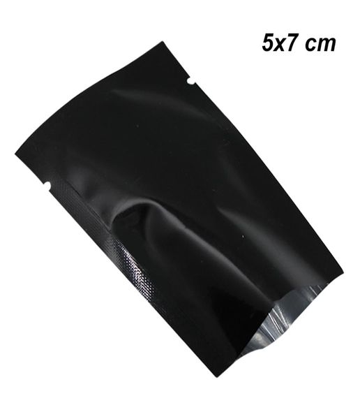 5x7 cm 200pcs Black Open Top Top en aluminium Sac d'emballage en papier d'aluminium Mylar Foil à chaleur Chaleur Échantillon Emballage Sachets Notche de déchirure de qualité alimentaire7939148