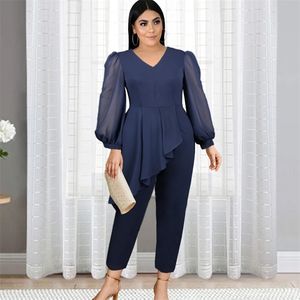 5XL 4XL Party Jumpsuits Elegance V-hals Lange Lantaarn Mouw Peplum Ruches Romper Plus Size Occorts Event Overalls Fashion 210527