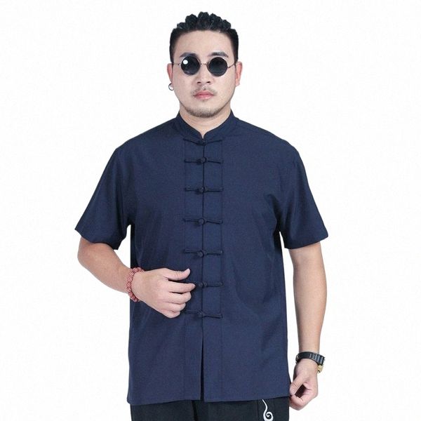 5XL 6XL 7XL 8XL Chemise à manches courtes de couleur unie pour hommes 2021 Été classique Marque style chinois col montant Tang costume w7r1 #