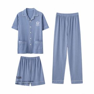 5xl Big Size Pyjama heren Sets 3 stks Casual Modal Gestreepte Korte Mouw Nachtkleding + Zomer Elastische Shorts + Lg Pyjama Man Broek t2TZ #
