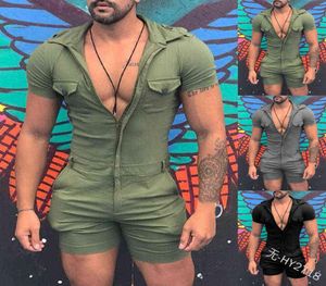 5XL Tamaño grande Hombres Mono Verano Sexy Slim Playsuit Mangas cortas Camisa tops Cremallera corta Moda abierta Monos sólidos Mono G12303188