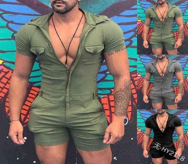 5XL Grande Taille Hommes Combinaison D'été Sexy Slim Combishort Manches Courtes Chemise topsShort Zipper Ouvert Mode Solide onesies Combinaison G12303188