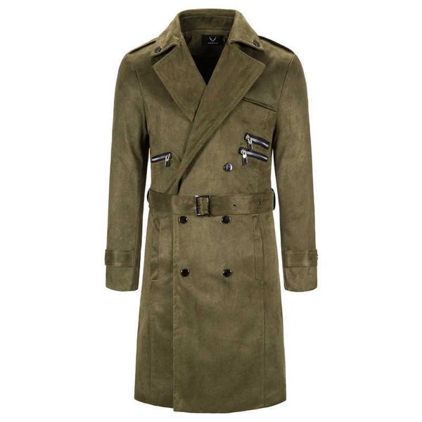 5XL hommes long trench-coat automne et hiver daim manteau veste armée vert haute qualité hommes décontracté ceinture mélangé trench-coat 211011