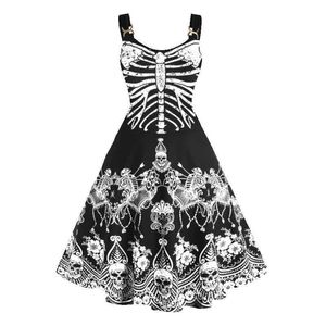 5XL de talla grande 2021 Halloween Goth calabaza murciélago estampado disfraz vestido Sexy Midi cuello redondo encaje vestido de fiesta de terror para niña Y1006