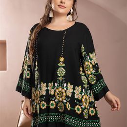 5XL grande taille Blouse chemise femmes été O cou à manches longues imprimé fleuri décontracté ample surdimensionné dames tunique hauts 220628