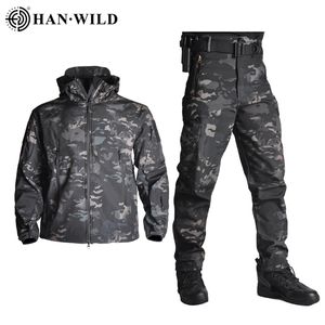 5XL Tactische Kleding Jassen + Broek Heren Fleece Jas Leger Winddicht Camo Jachtpak Windbreakers Militair Wandelen Soft Shell 220516