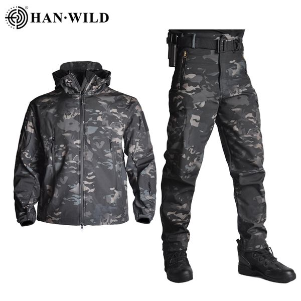 5XL Vêtements Tactiques Vestes + Pantalons Hommes Veste Polaire Armée Coupe-Vent Camo Costume De Chasse Coupe-Vent Militaire Randonnée Soft Shell 220516