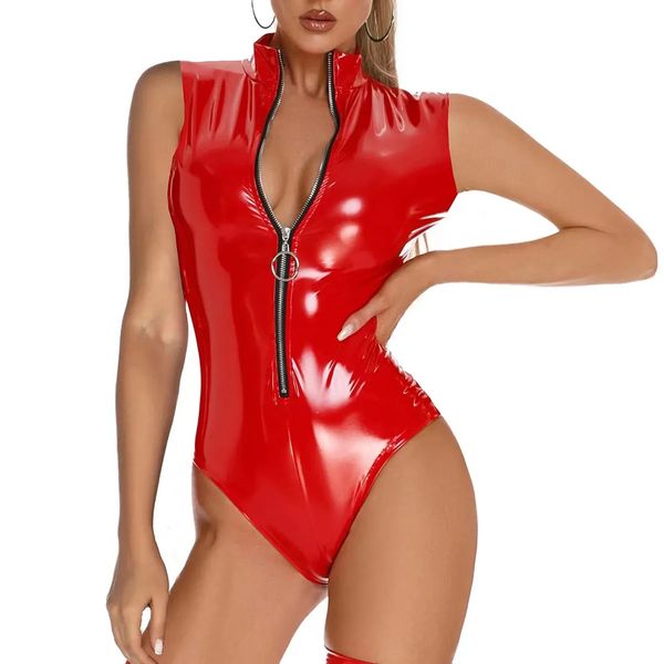 5xl Femmes Terle réservoir en cuir brillant Top serré Zipère pornographique ouverte Exposition mammaire Wetlook Plastique coque en latex TOP SIGHNE SEPEL SEXY SEXY 240430