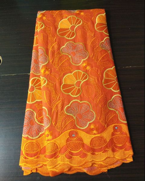 5Yards offre spéciale tissu de coton africain orange et broderie de pierre broderie de dentelle de voile suisse pour robe BC45-6