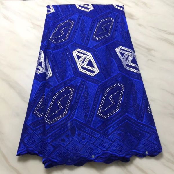 Gran oferta de 5 yardas de tela de algodón africano azul real con decoración de diamantes de imitación bordado de encaje de gasa suizo para vestido BC41-1