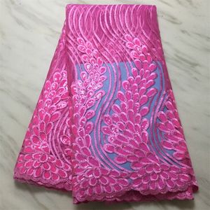 5 yardas/lote hermosa tela de encaje de red francesa rosa que combina con decoración de lentejuelas pequeñas estilo de malla africana para vestido de fiesta PL60033