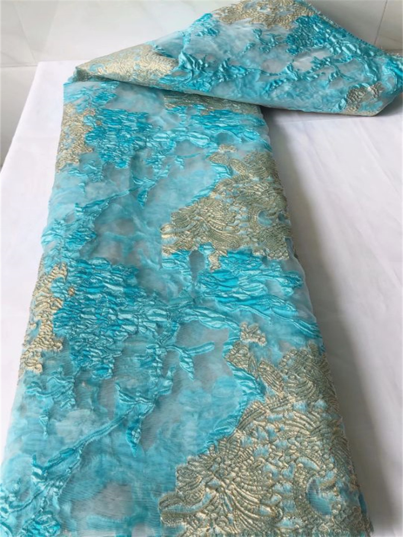 5Yards/Lot Elegant Sky Blue Jacquard French Net Lace Fabric Flower Embroidery African Mesh Material For Dressing QN103