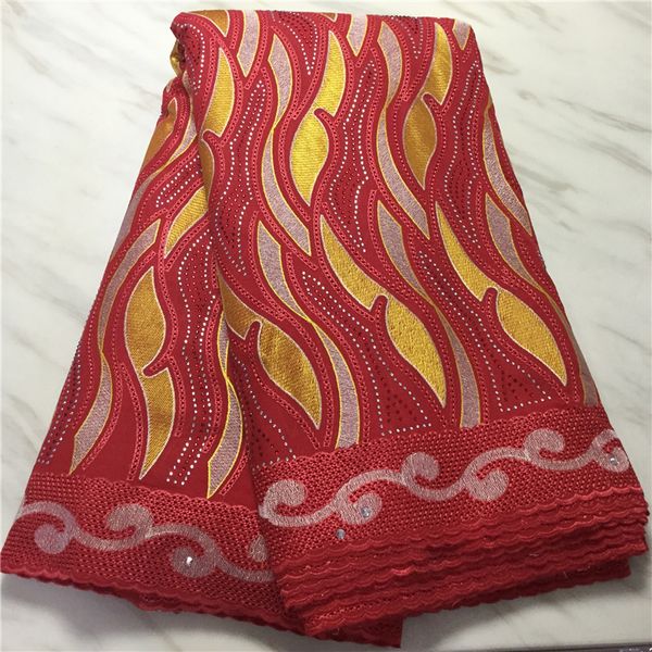Tissu africain en coton rouge de haute qualité, 5 mètres/lot, broderie jaune assortie à du cristal, Voile suisse, dentelle sèche pour s'habiller, PL11554