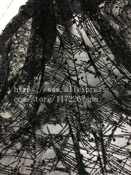 5yards Nouveau matériau maillage Tulle Black Print Printhe Lace Fabric avec perles JRB-00363 pour la robe de mariée