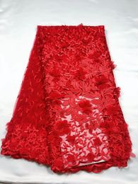 5 yardas/pieza hermosa tela de encaje de red francesa con apliques rojos con cuentas bordado de flores encaje de malla africana para vestido QN86-1
