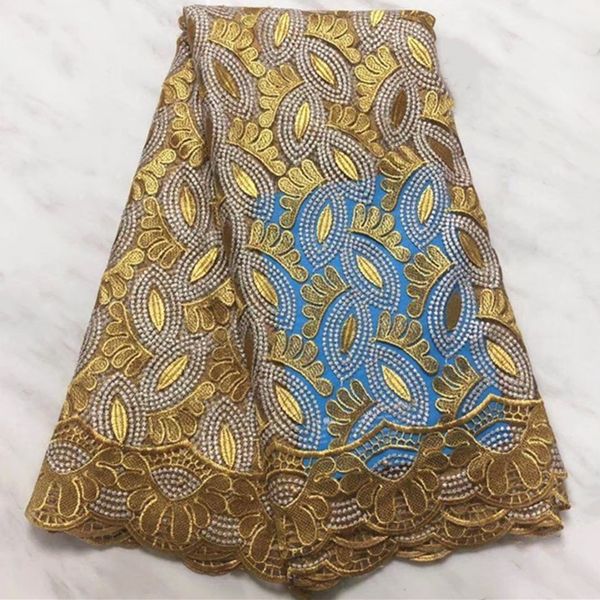 5 yardas/pc gran oferta encaje de red francés dorado bordado tela de encaje de malla africana para vestido BN126-7