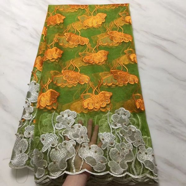 5 yards / pc vente chaude vert français net dentelle tissu avec orange et blanc fleur africaine maille dentelle avec perles pour robe BN110-3