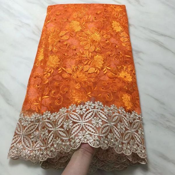 Tissu en dentelle française à fleurs orange, 5Yards/pièce, avec décoration de perles, maille africaine, broderie en dentelle pour robe, offre spéciale, BN115-8