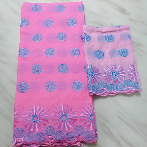 5 yardas/PC gran oferta tela de algodón africano rosa con bonito patrón bordado y conjunto de encaje de red de blusa de 2 yardas para vestido BC54-10