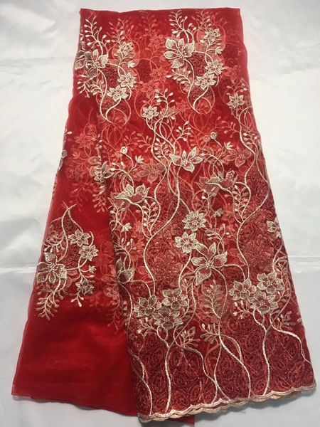 5 yards / pc vente chaude fleur rouge design français net dentelle tissu et or soie broderie africaine maille dentelle pour robe QN96-8