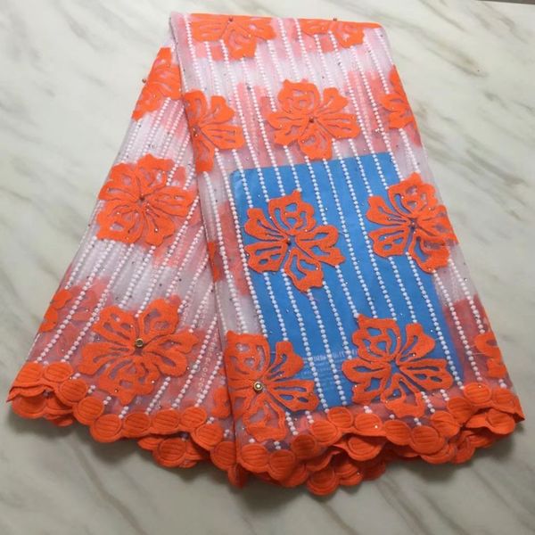 Tissu africain en dentelle de soie de lait et blanc, tissu en dentelle française pour robe, offre spéciale, 5Yards/pièce, fleur orange, BN130-10