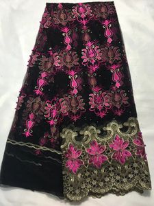Tissu en dentelle française noire, 5yards, à la mode, avec perles et fleurs, broderie fuchsia, maille africaine, matériel pour s'habiller, qn15