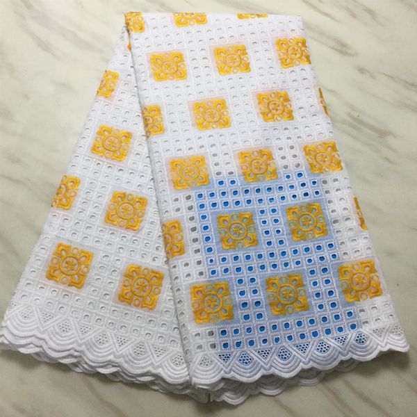 5 yardas/pc nueva tela de algodón africano blanco de moda y encaje seco de gasa suizo bordado amarillo para ropa BC104-5