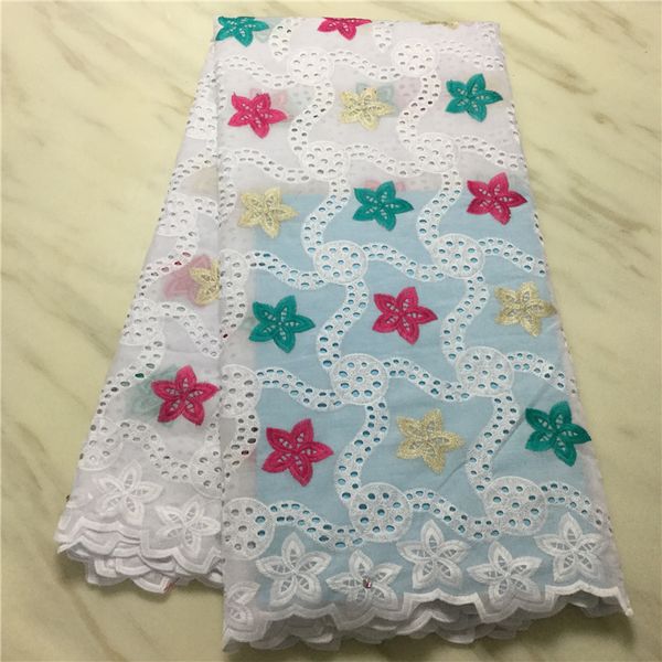 5 yardas/pc estampado de estrellas bordado tela de algodón blanco africano flor gasa suiza encaje seco para vestir PL11513