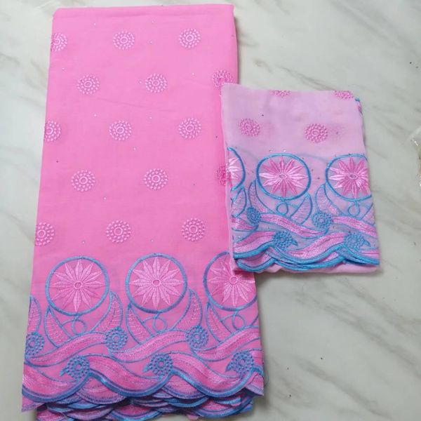 5 yardas/pieza, gran oferta, tela de algodón africano rosa con bonito patrón bordado y conjunto de encaje de red de blusa de 2 yardas para vestido BC54-8